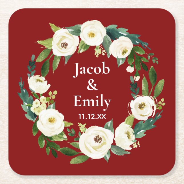 Maroon Greenery Personalised Names Date Wedding Square Paper Coaster (Front)