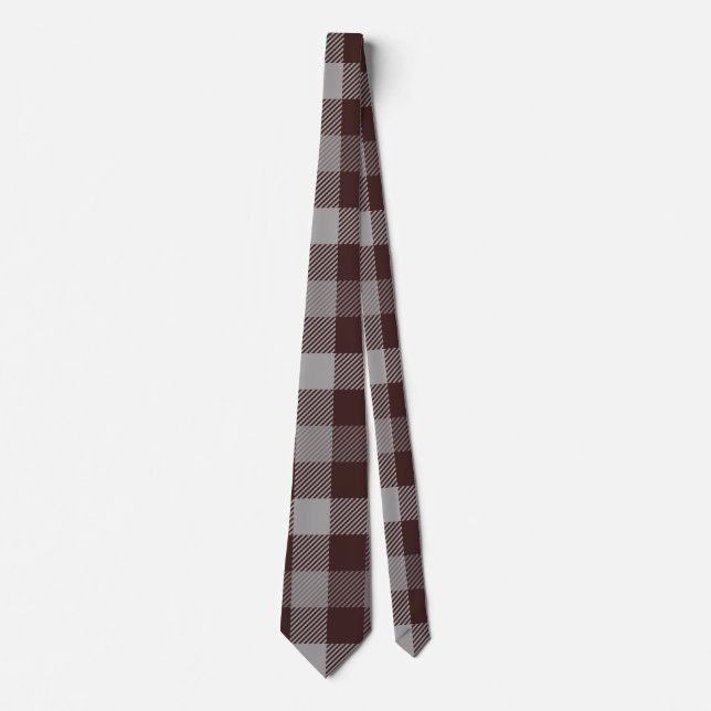 Maroon, Grey, and Taupe Plaid Pattern Tie (Front)