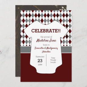 Maroon & Grey Argyle Pattern Baby Photo Announcement