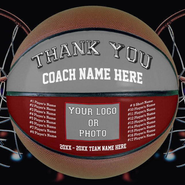 Maroon, Grey, Basketball Coach Appreciation Gifts (Custom printed basketball. Maroon basketball. Photo, Personalized basketball ball. Coach Basketball.)