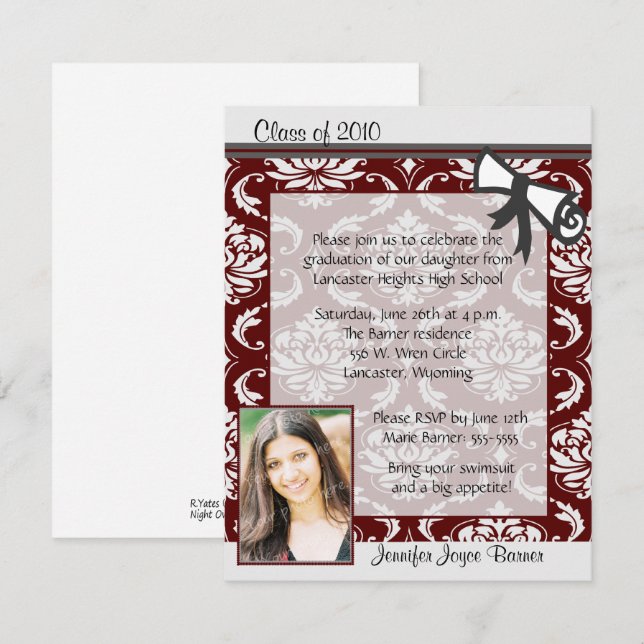 Maroon & Grey Damask Photo Graduation Invitation (Front/Back)