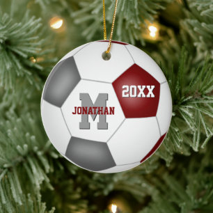 maroon grey team spirit boys girls keepsake soccer ceramic ornament