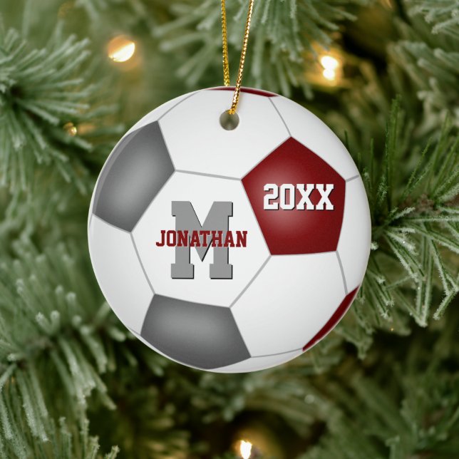 maroon grey team spirit boys girls keepsake soccer ceramic ornament (Tree)