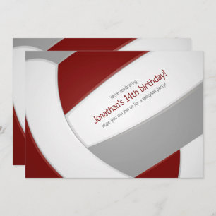 maroon grey volleyball boys girls birthday party invitation