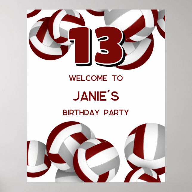 maroon grey volleyballs birthday party welcome poster (Front)