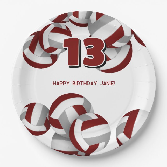maroon grey volleyballs girls boys birthday party paper plate (Front)