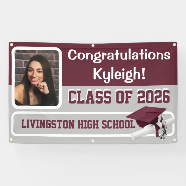 Maroon, Grey, & White Vinyl Graduation Banner (Horizontal)