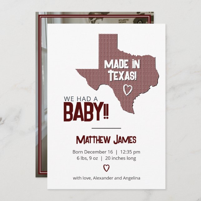 Maroon Herringbone Made in Texas Photo Baby Announ Announcement (Front/Back)