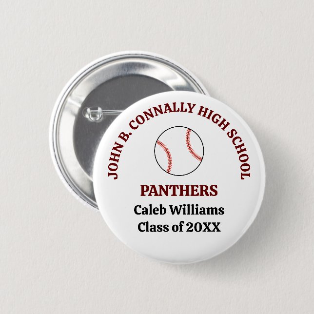 Maroon High School Baseball Player Personalised 6 Cm Round Badge (Front & Back)