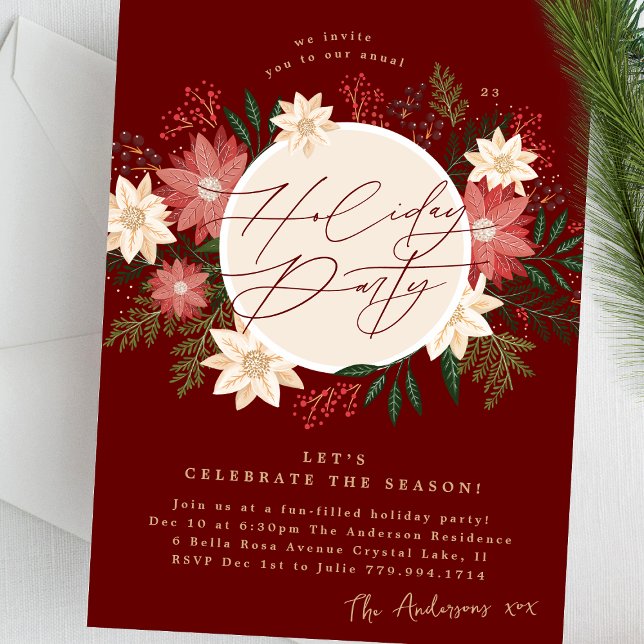 Maroon Holiday Party Poinsettia Wreath Splendour Invitation (Creator Uploaded)