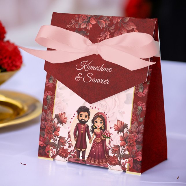 Maroon Indian wedding cute bridal couple printed Favour Box (Maroon Indian wedding favors cute bridal couple caricature personalized printed Favor Boxes)