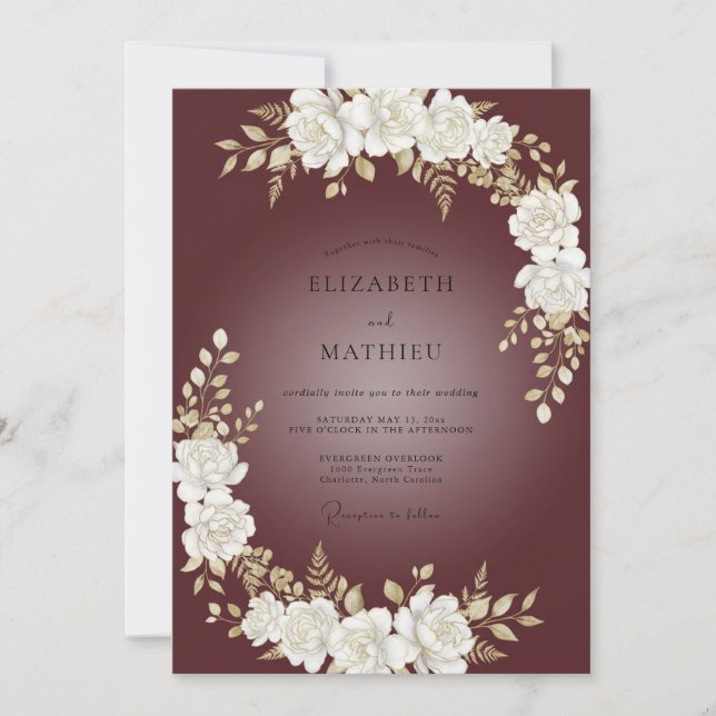 Maroon Ivory Rose Wedding Invitation (Front)