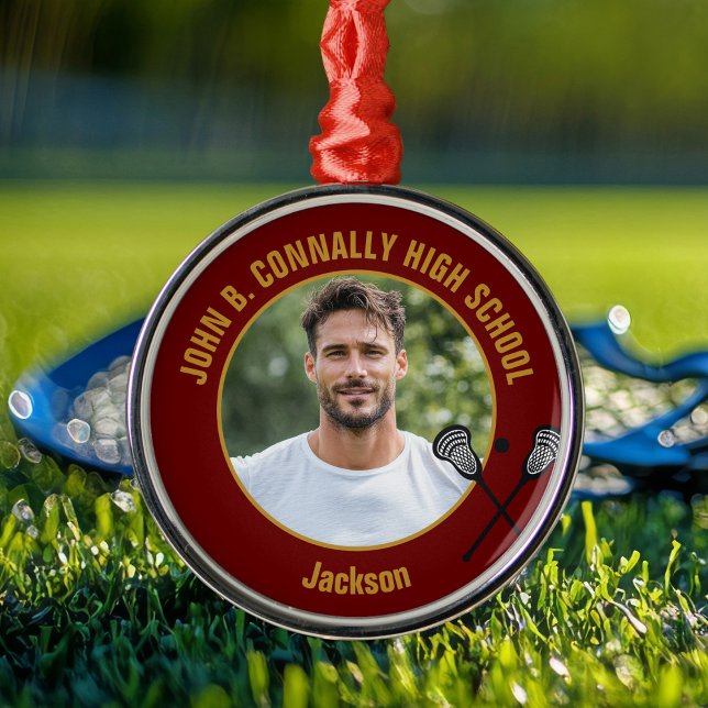 Maroon Lacrosse Player Photo High School Christmas Metal Ornament (Creator Uploaded)