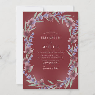 Maroon Lavender Botanical Watercolor Wedding Invitation