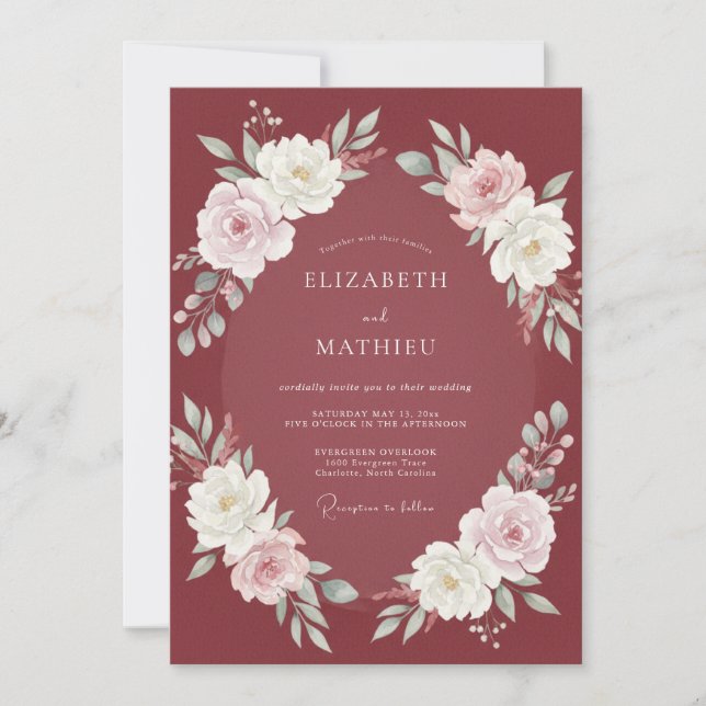 Maroon Leafy Wedding Invitation (Front)