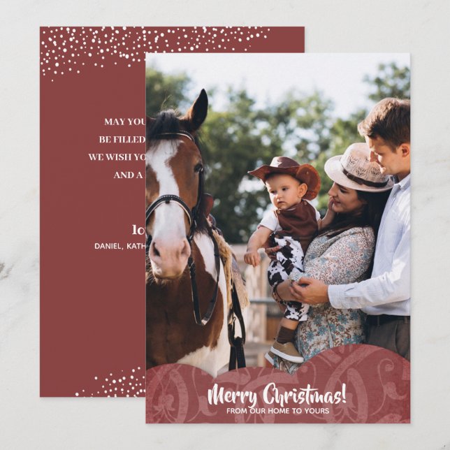 Maroon Linen Filigree Photo Christmas Holiday Card (Front/Back)