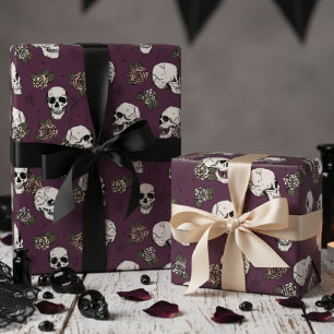 Maroon Little Gothic Skulls and Roses Floral Wrapping Paper