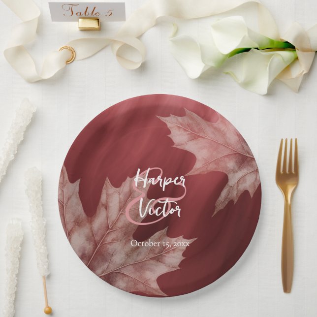 maroon maple leaves fall wedding paper plate (Wedding)