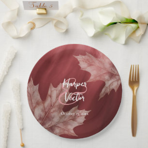 maroon maple leaves fall wedding paper plate