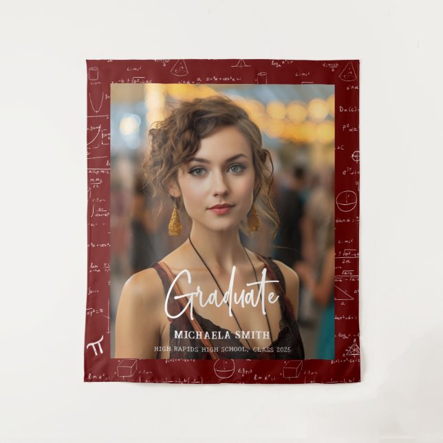 Maroon Math Handwritten Script Photo Graduation  Tapestry (Front)
