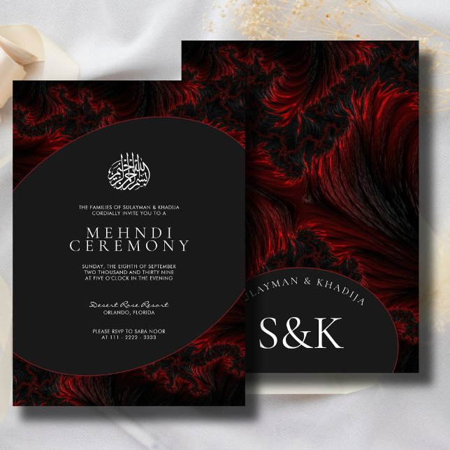 Maroon Minimal Elegant B&W Muslim Islamic Mehndi Invitation (Creator Uploaded)