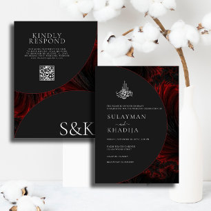 Maroon Minimal Elegant B&W QR Code Islamic Wedding Invitation