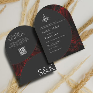 Maroon Minimal Elegant Muslim QR Code Arch Wedding Invitation