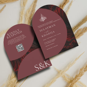 Maroon Minimal Elegant Muslim QR Code Arch Wedding Invitation