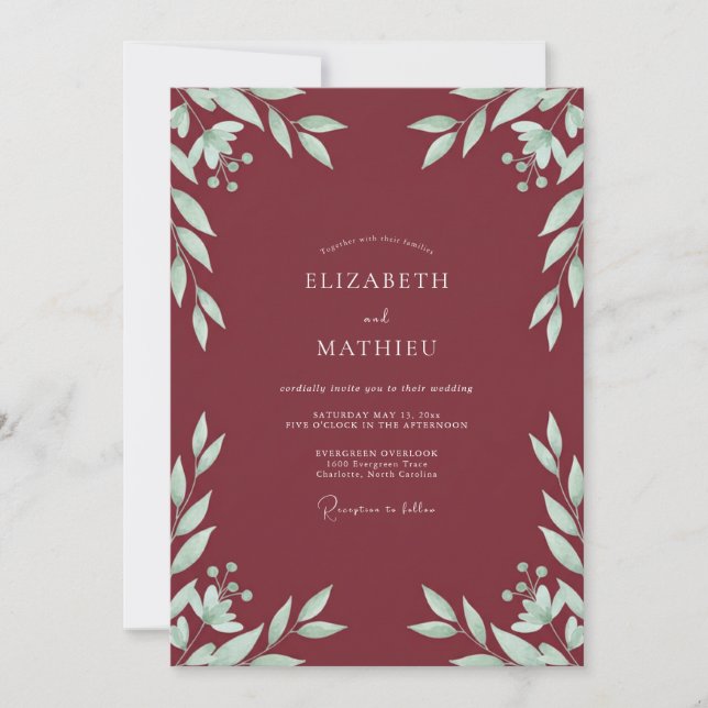Maroon Mint Leaf Wedding Invitation (Front)