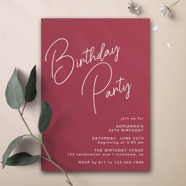 Maroon | Modern Typography Burgundy Red Birthday Invitation (Creator Uploaded)