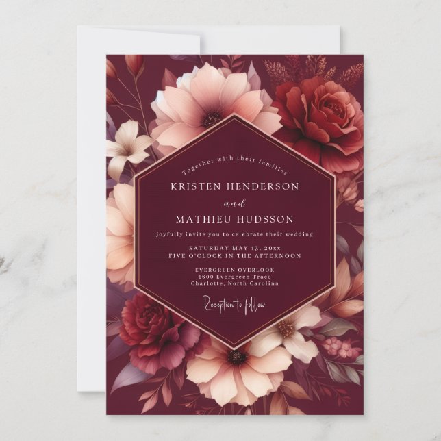 Maroon Moody Bloom Harvest Wedding Invitation (Front)
