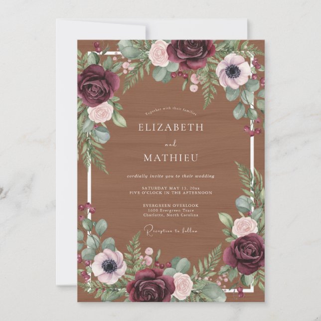Maroon Moody Rustic Wedding Invitation (Front)