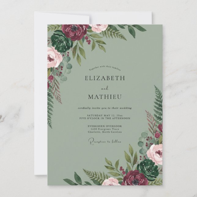 Maroon Moss Peony Wedding Invitation (Front)