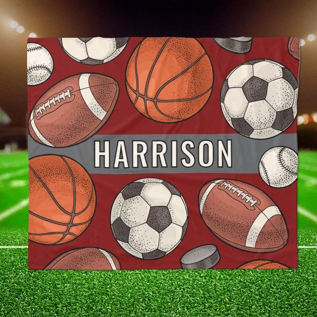 Maroon Multi Sport Custom Name Monogram Fleece Blanket (Creator Uploaded)