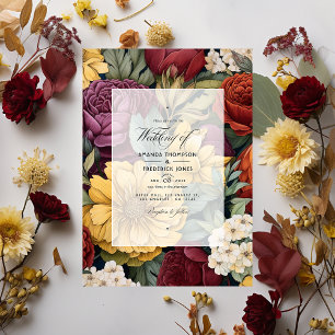 Maroon, Mustard Yellow, and Olive Green Wedding Invitation