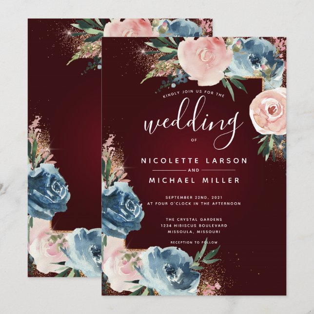 Maroon, Navy Blue and Blush Floral Gold Glitter Invitation (Front/Back)