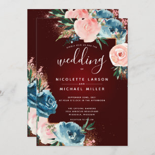 Maroon, Navy Blue and Blush Floral Gold Glitter Invitation