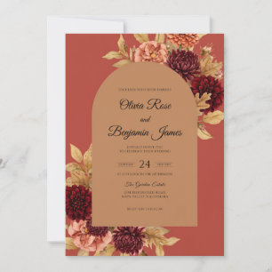 Maroon Ochre Chrysanthemum Eucalyptus Wedding Invitation