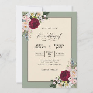 Maroon Olive Sprig Eucalyptus Wedding Invitation