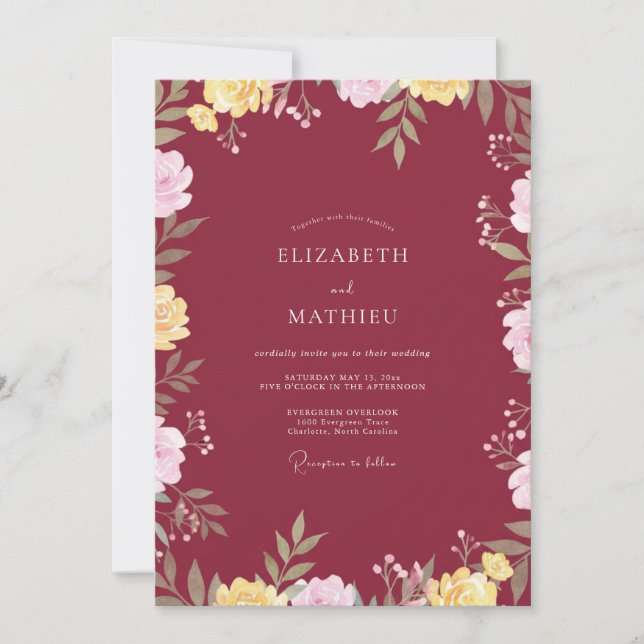 Maroon Painted Leafy Wedding Invitation (Front)