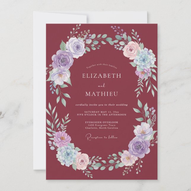 Maroon Pastel Peony Wedding Invitation (Front)