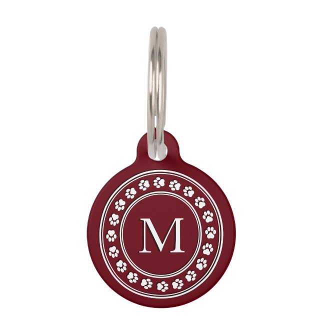Maroon Paw Print Monogram Pet Tag (Front)