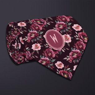Maroon Peonies Floral  Tie