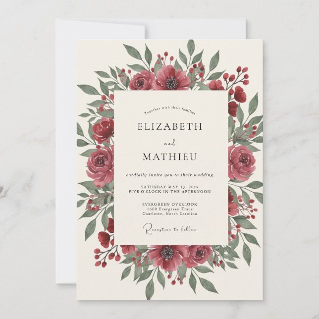 Maroon Peony Leafy Wedding Invitation (Front)