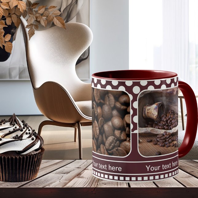 Maroon Personalised Photo Frame Coffee Mug (Photo mug with a coffee theme or your own favorite photos on retro chocolate polka dots)
