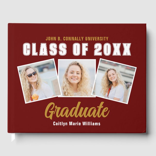 Maroon Photo Collage Class of 2025 Graduation Guest Book (Front)