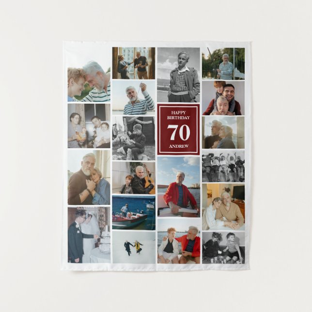 Maroon Photo Collage Happy Birthday Name & Age Tapestry (Front)