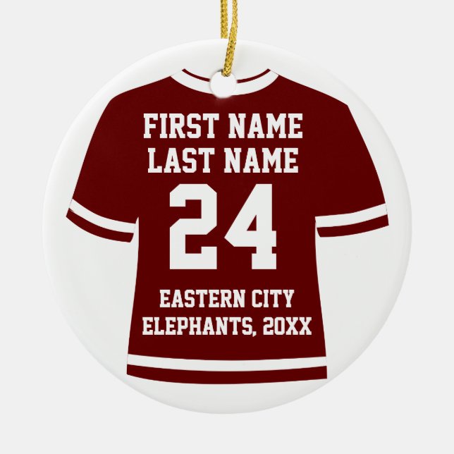 Maroon Photo Football Soccer Hockey Sports Jersey Ceramic Ornament (Front)