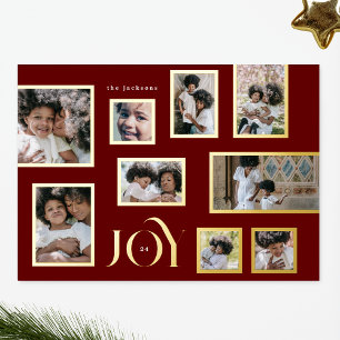 Maroon Photo GOLD Frames Collage Modern JOY Foil Holiday Card
