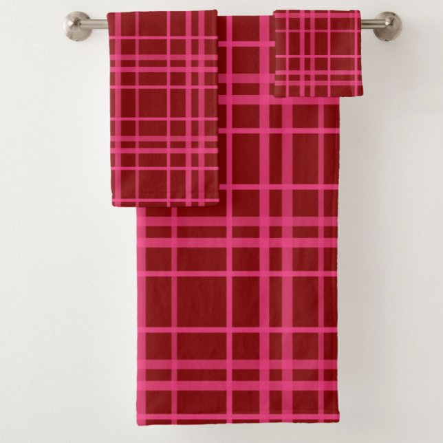 Maroon Pink Check Grid Plaid Design  Bath Towel Set (Creator Uploaded)
